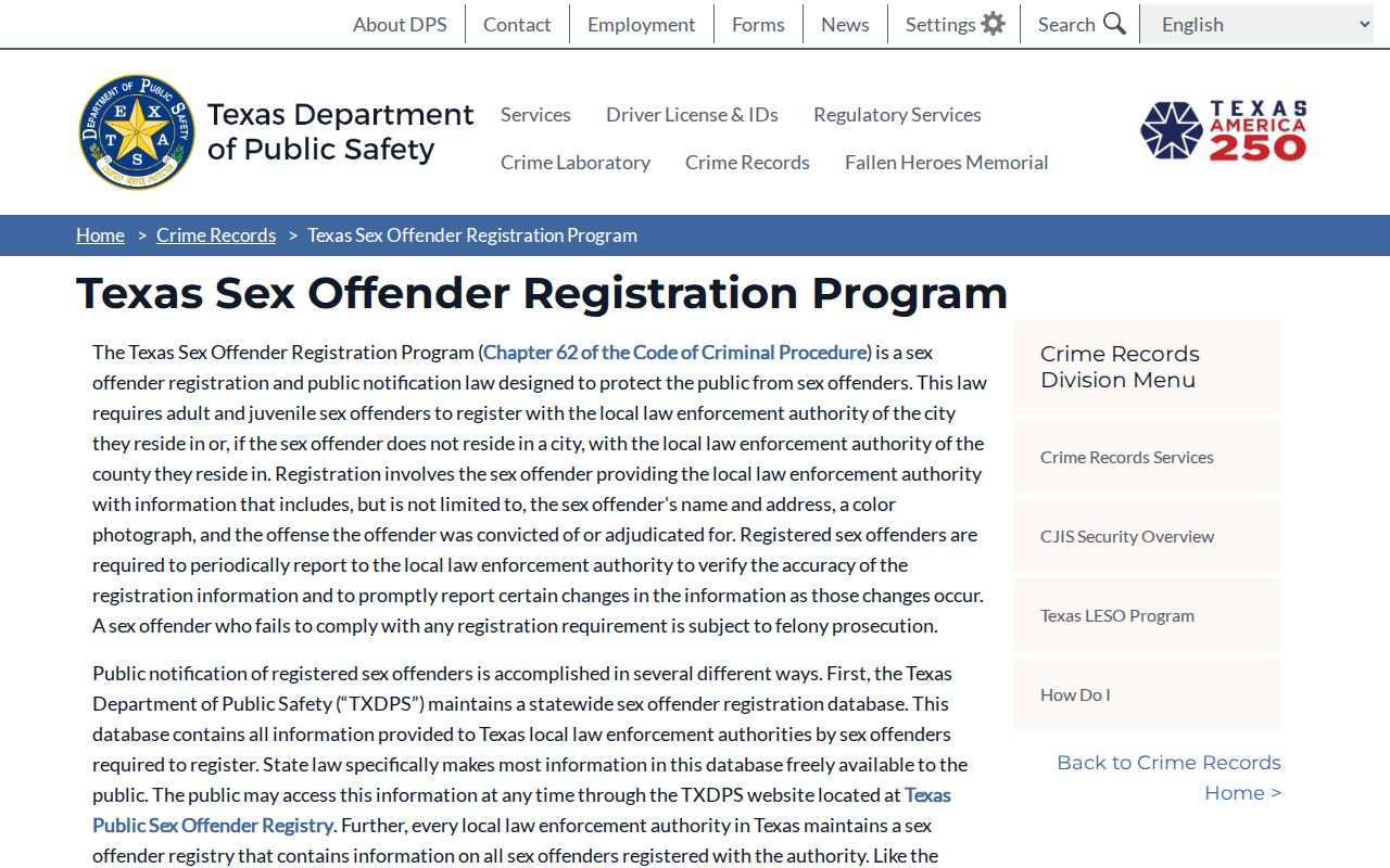 Texas registration program information for Ector County sex offender records
