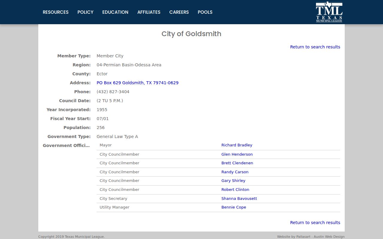 Goldsmith criminal records context from the official Texas Municipal League city profile