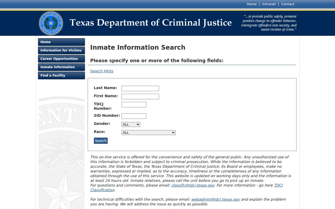 Ector County criminal custody records in TDCJ Inmate Search